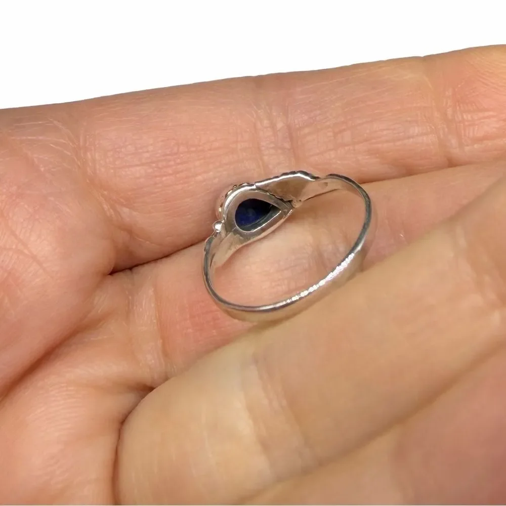 Lapis Lazuli Ring Size 5 Solid 925 Sterling Silver Dainty Etched Leaf